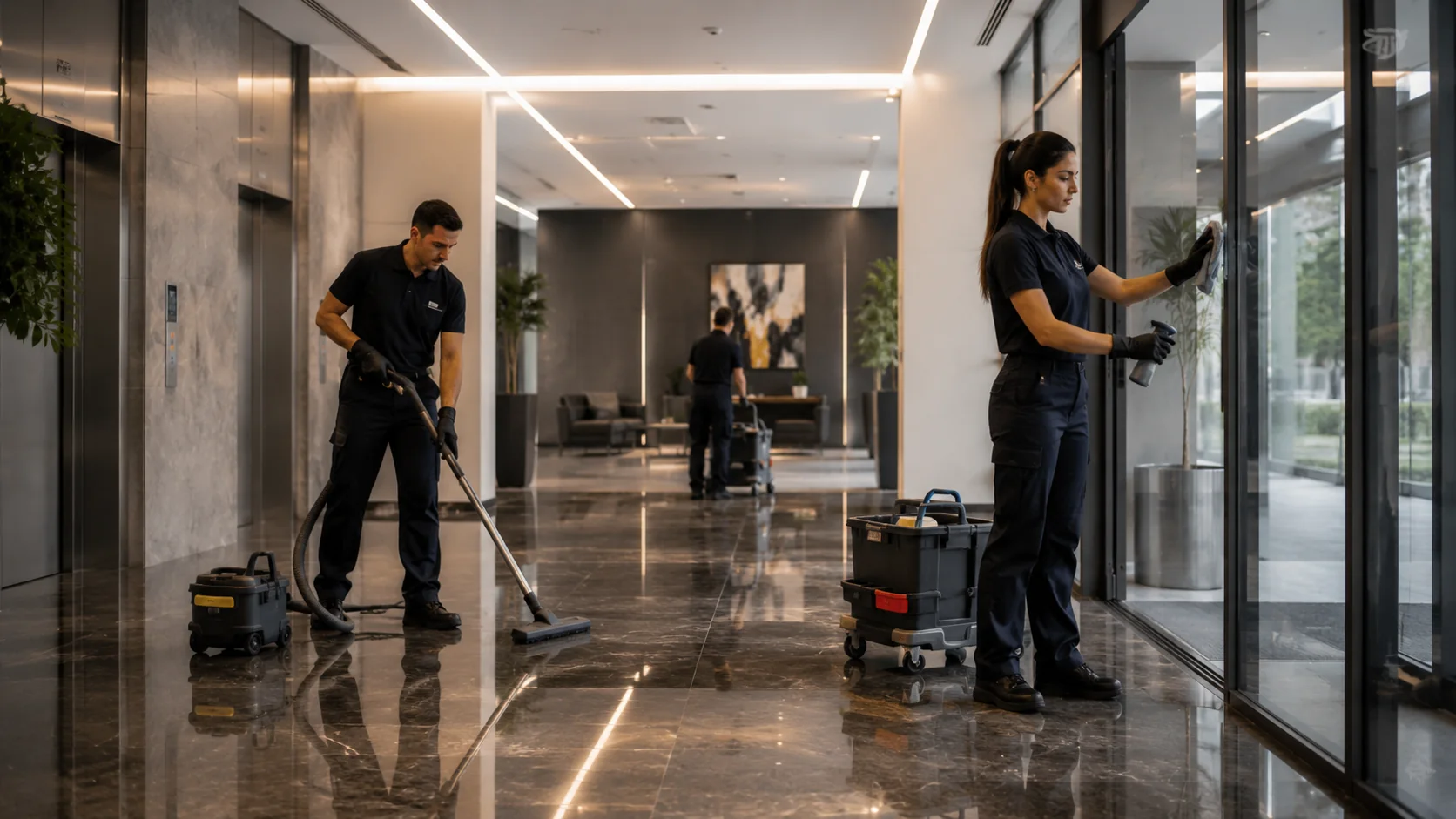 Personale impegnato in un servizio di pulizia professionale
